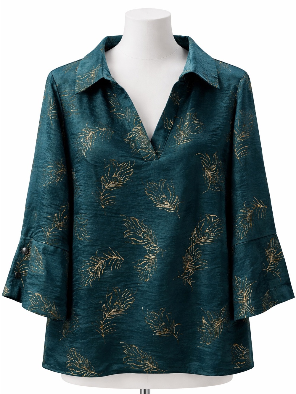Teal V-Neck Tunic with Gold Print Motif